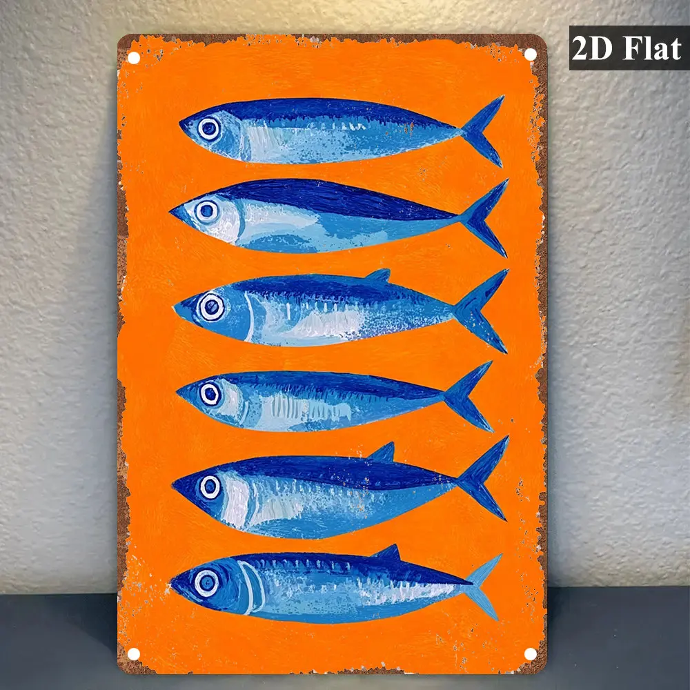 2D Flat - A Retro Metal Wall Art Featuring Five Sardines in Shades of Blue Set Against an Orange Backdrop, Ideal for Adorning