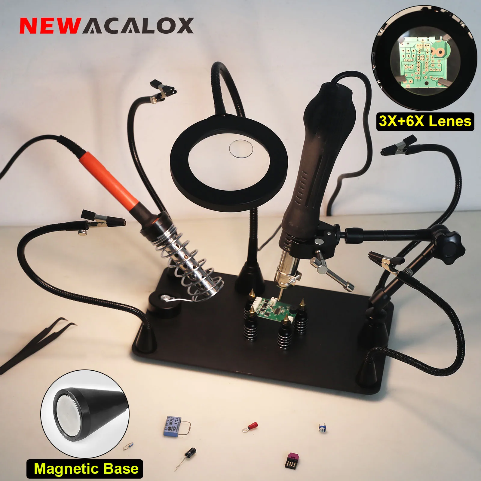 

NEWACALOX Soldering Helping Hands with 3X+6X Magnifying Lamp 4 Magnetic Metal Flexible Arms PCB Holder 360 Hot Air Gun Braket