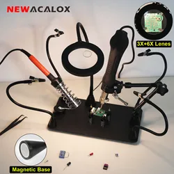 NEWACALOX Soldering Helping Hands with 3X+6X Magnifying Lamp 4 Magnetic Metal Flexible Arms PCB Holder 360 Hot Air Gun Braket