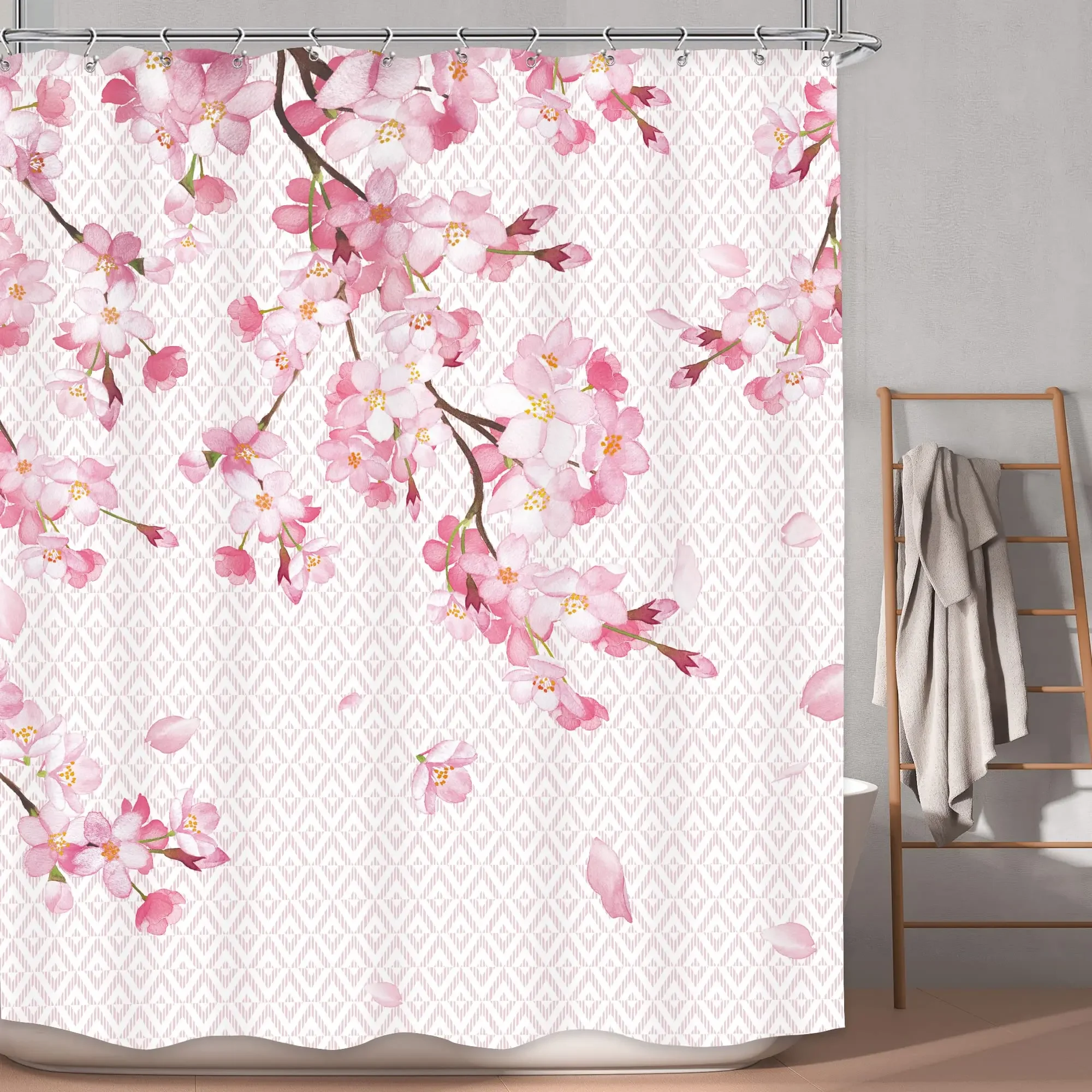 Pink Cherry Blossom Shower Curtain Retro Floral Sakura Plum Blossom Blooming Flower Spring Flower Geometric Bathroom Accessories