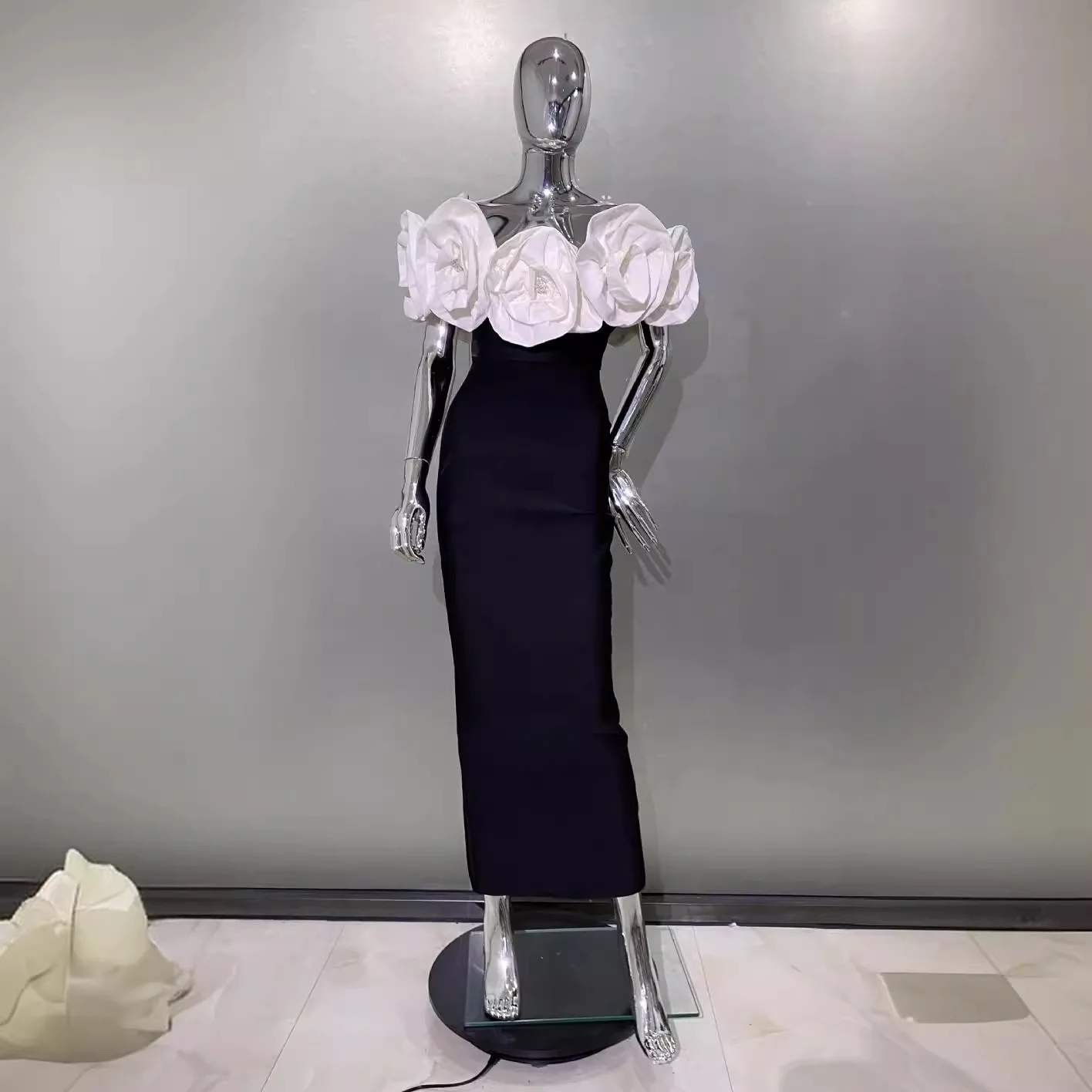 Stereoscopic White Flowers Sexy Off The Shoulder Ankle Lenght Bandage Dress Woman Birthday Party Vestido Wedding Party Outfit