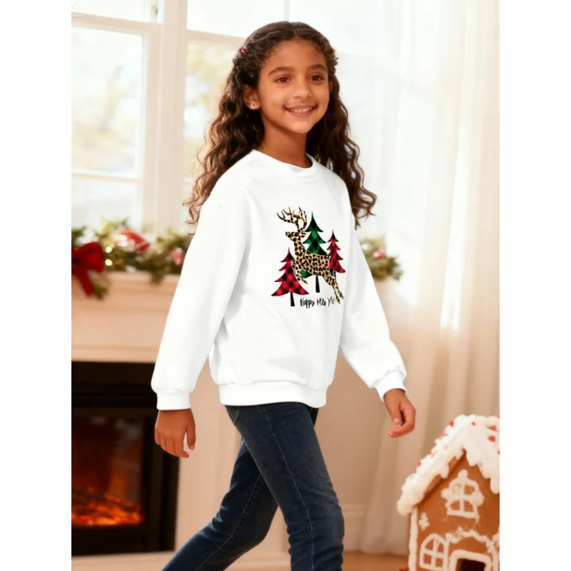 

Girls Christmas Sweatshirt round Neck Long Sleeve Children's Top with Christmas Tree And Deer Print for Holiday Wear