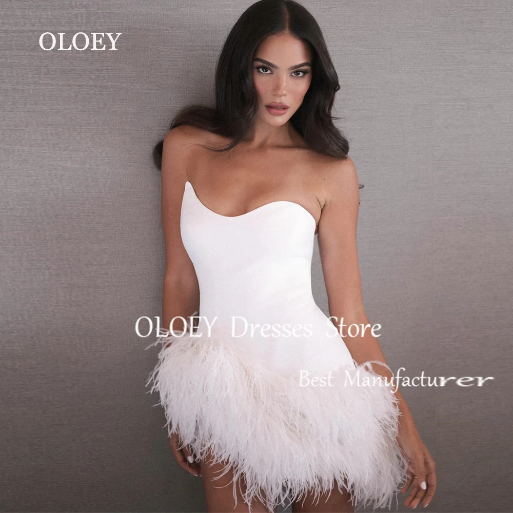 OLOEY Luxury Feathers Ivory Short Wedding Dress Sleeveless Mini Bridal Gown Custom Made Plus Size Formal Gown Vestidos De Novia