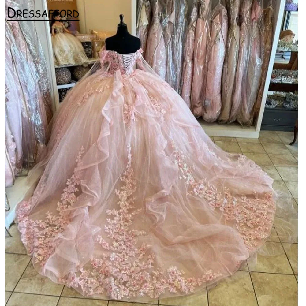 فستان وردي Quinceanera 2023 بدون أكتاف زهور دانتيل مزين بالخرز حفلة منتفخ أميرة حلوة 16 فستان Vestidos De 15 Años