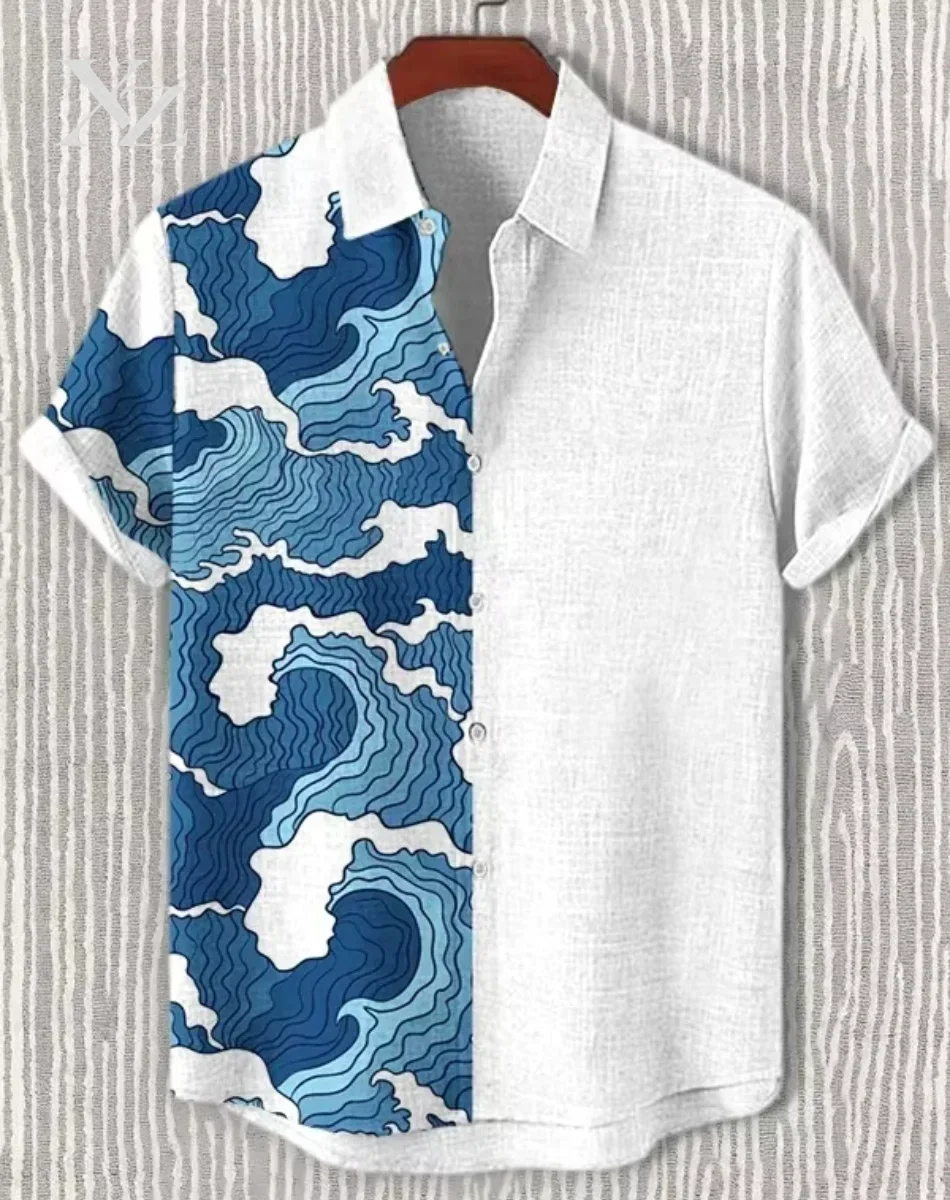 Men's shirt cloud wave pattern 3D print linen top summer new casual vacation shirt button lapel short sleeve unisex clothing