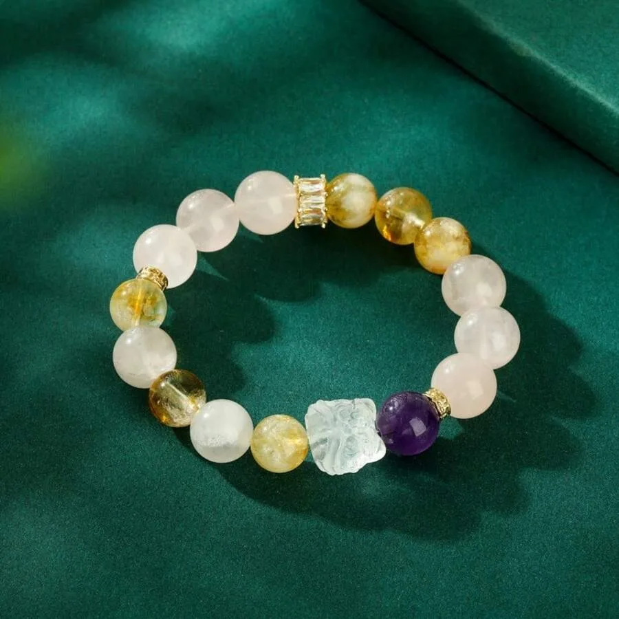 

Natural Crystal Bracelet: Amethyst, Citrine, Rose Quartz, Clear Quartz Lion Dance Charm - Gift For Best Friend, Girlfriend and
