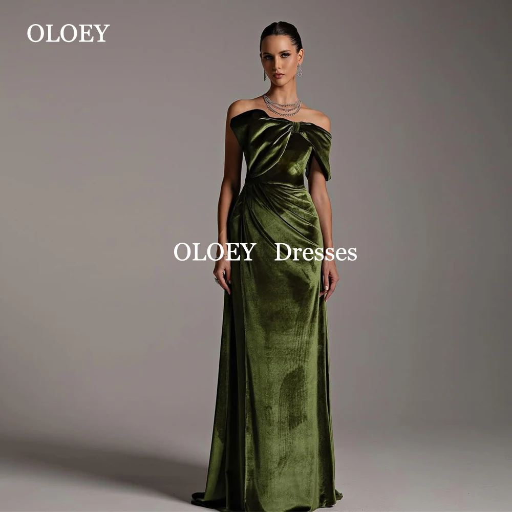 

OLOEY Modest Green Velour Evening Dresses Off Shoulder Arabic Straight Wedding Party Gowns Customized Family Occation Gowns