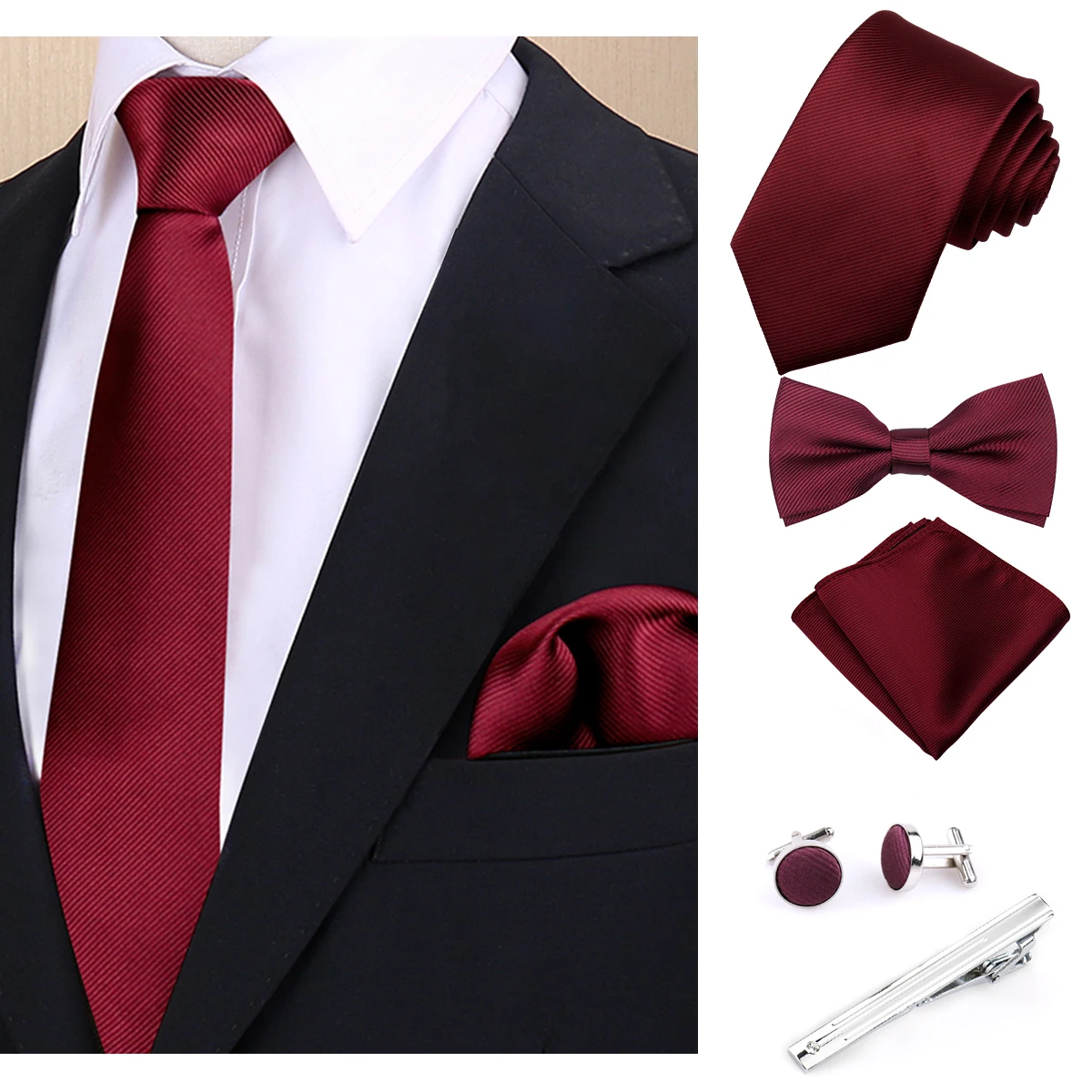 Luxury Fashion Men's Solid Necktie Bowtie Set with Pocket Square Cufflinks Tie Clip Wine Blue Elegant Striped Accessories Gravat