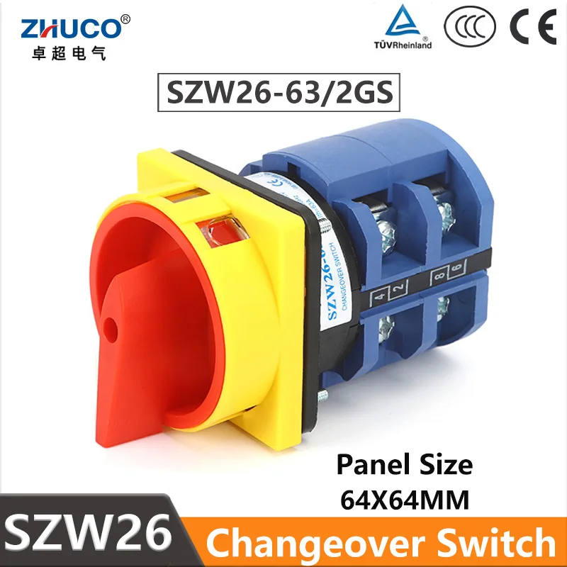 ZHUCO SZW26-63 2GS 64X64mm Panel 2 Phase 8 Screws 63A Changeover Power Cut-off Padlock Combination Master Control Select Switch