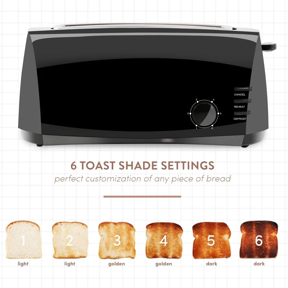 New 4 Slice Long Slot Cool Touch Toaster, Black, 6 Variable Toast Shade Settings, Added Cancel, Defrost, and Reheat Buttons