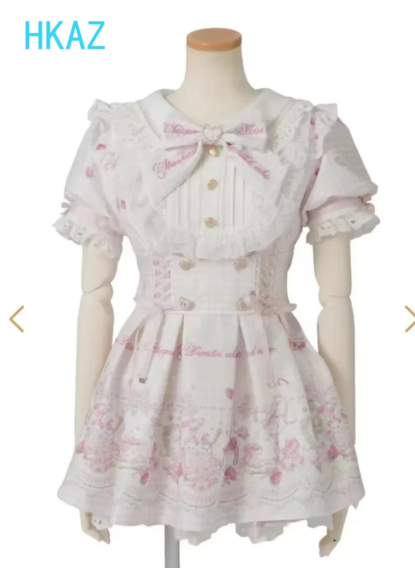 Oversize Liz Dress Japanese Lolita Clothes New Sweet Cute Girls Kawaii Bow Short Sleeve Slim High Waist Plaid Printing Dresses