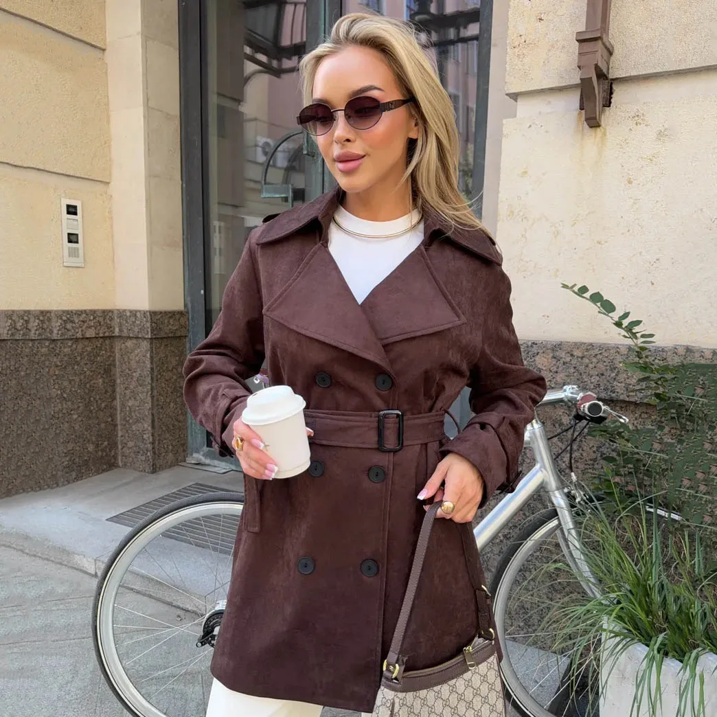 RU Lapel Suede Trench Coat Shoulder Strap Belted Windproof Outerwear For High Street Casual Elegant Daily Matching Outfits