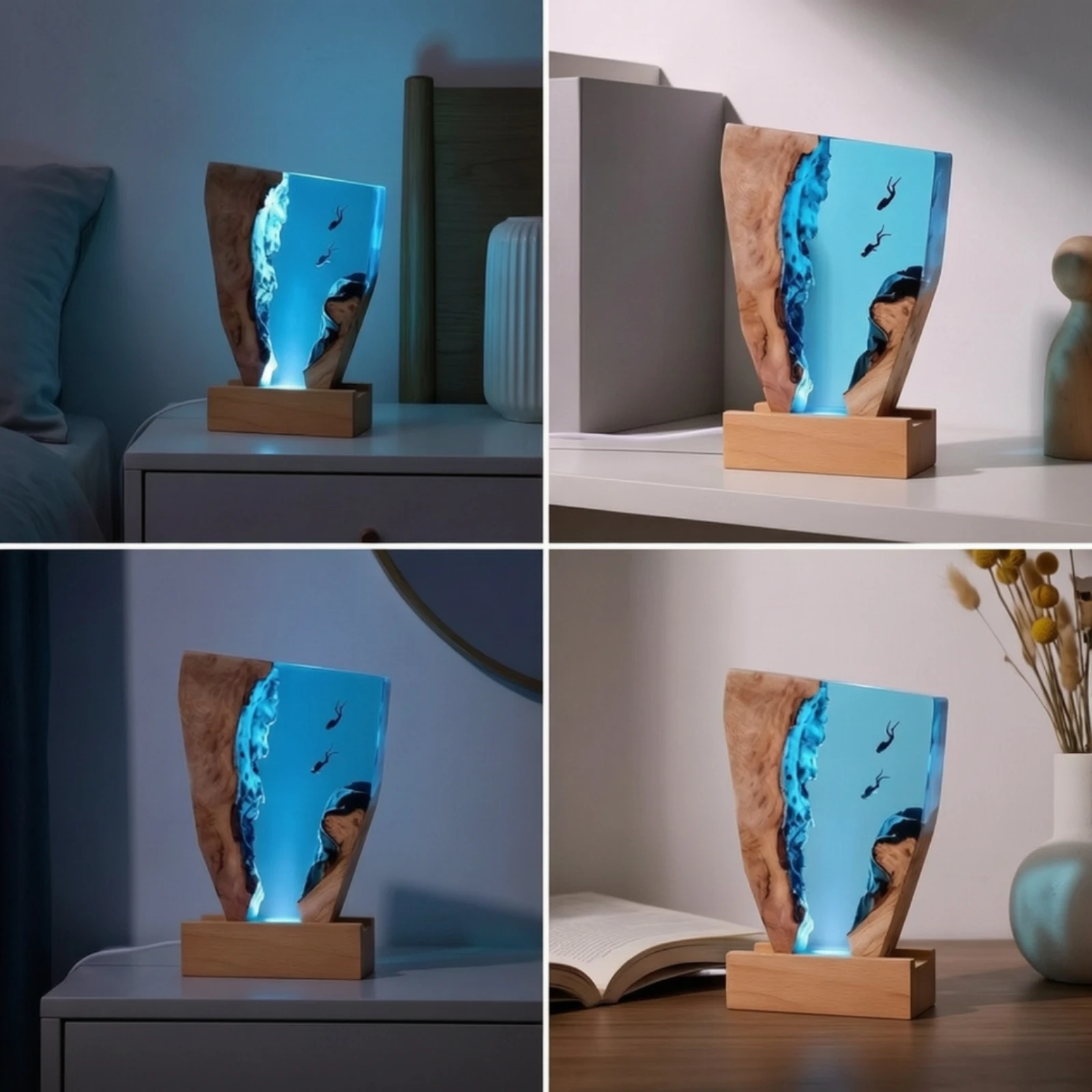 Epoxy Night Light with Wood Base Sculptural Epoxy Resin Night Light Resin Wood Lamp Aquatic Natural for Divers, Nightstand, Desk