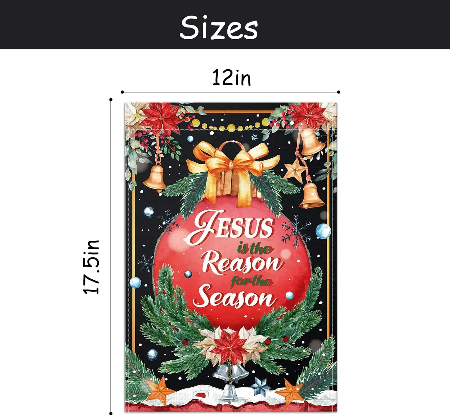 WHPCT Black Christmas Garden Flag Double Sided,Christmas Jesus is the Reason for the Season Nativity Jingling Bell Red Flag,Chri