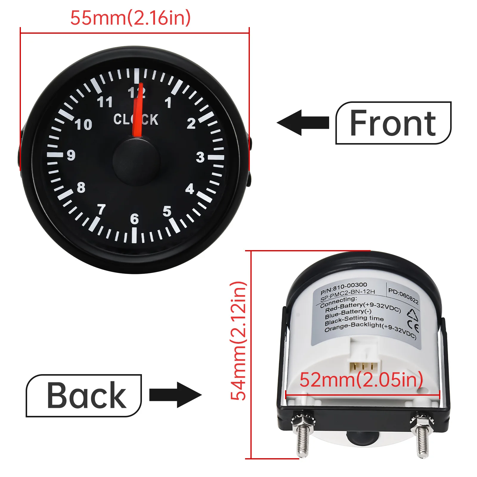 52mm 0-12 Hours Clock Gauges Red Backlight Waterproof Pointer Type Hour Meters  Fit For Car Boat Yacht 9-32V
