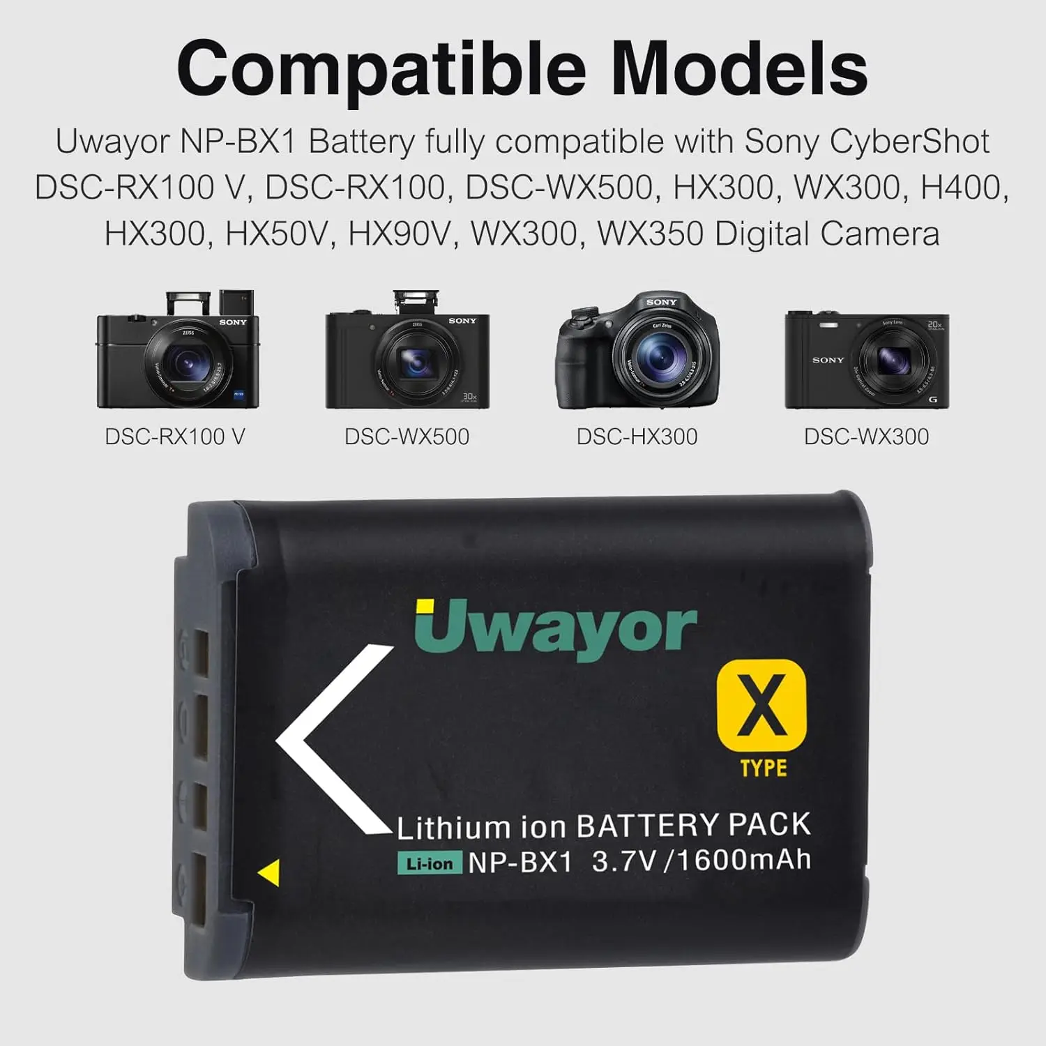 UWayor NP-BX1 Battery and Charger for Sony CyberShot DSC-RX100 V, DSC-RX100, HX50V, HX300, HX400, RX1, RX100 II, WX300, HX300