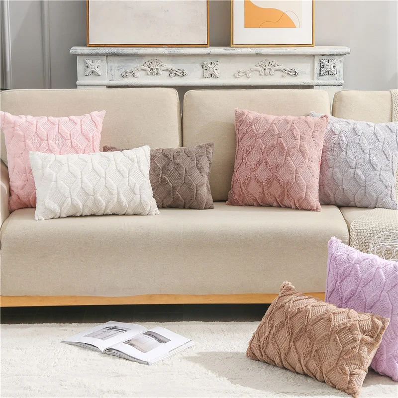 

Solid Plush 3D Rhombus Geometry Soft Throw Pillowcase 30x50 40x40cm Embroidery Cushion Cover for Living Room Sofa Decoration