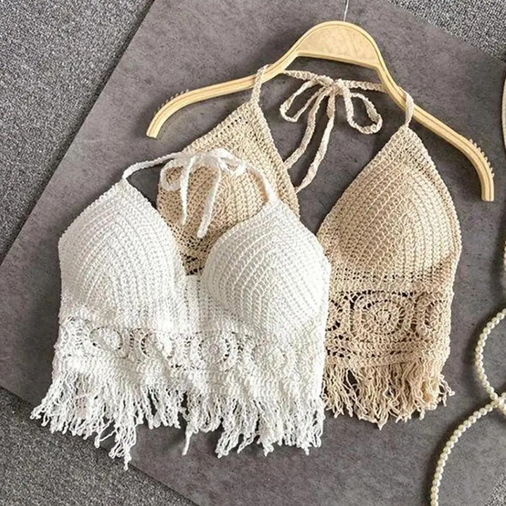 Sexy Boho Strand Urlaub Leibchen Halfter Frauen häkeln Strick Badeanzug BH rücken freie Weste hohle Quaste Tank Top Frauen Crop Tops