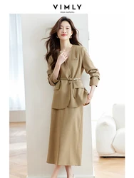VIMLY 2026 Autumn Outfits Blazer Skirt 2 Pieces Sets for Women Elegant Fashion Matching Sets Jacket Split Skirt Suit with Belt