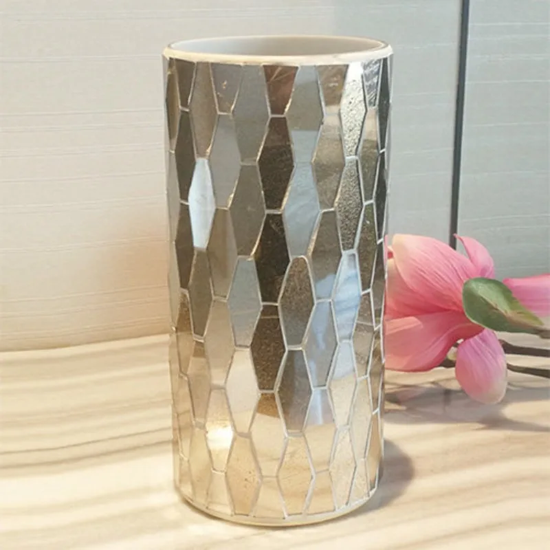 European Mosaic Light Gold Geometric Glass Vase Fashion Home Living Room Decoration Ornament Home Decor Decoração Jarrones
