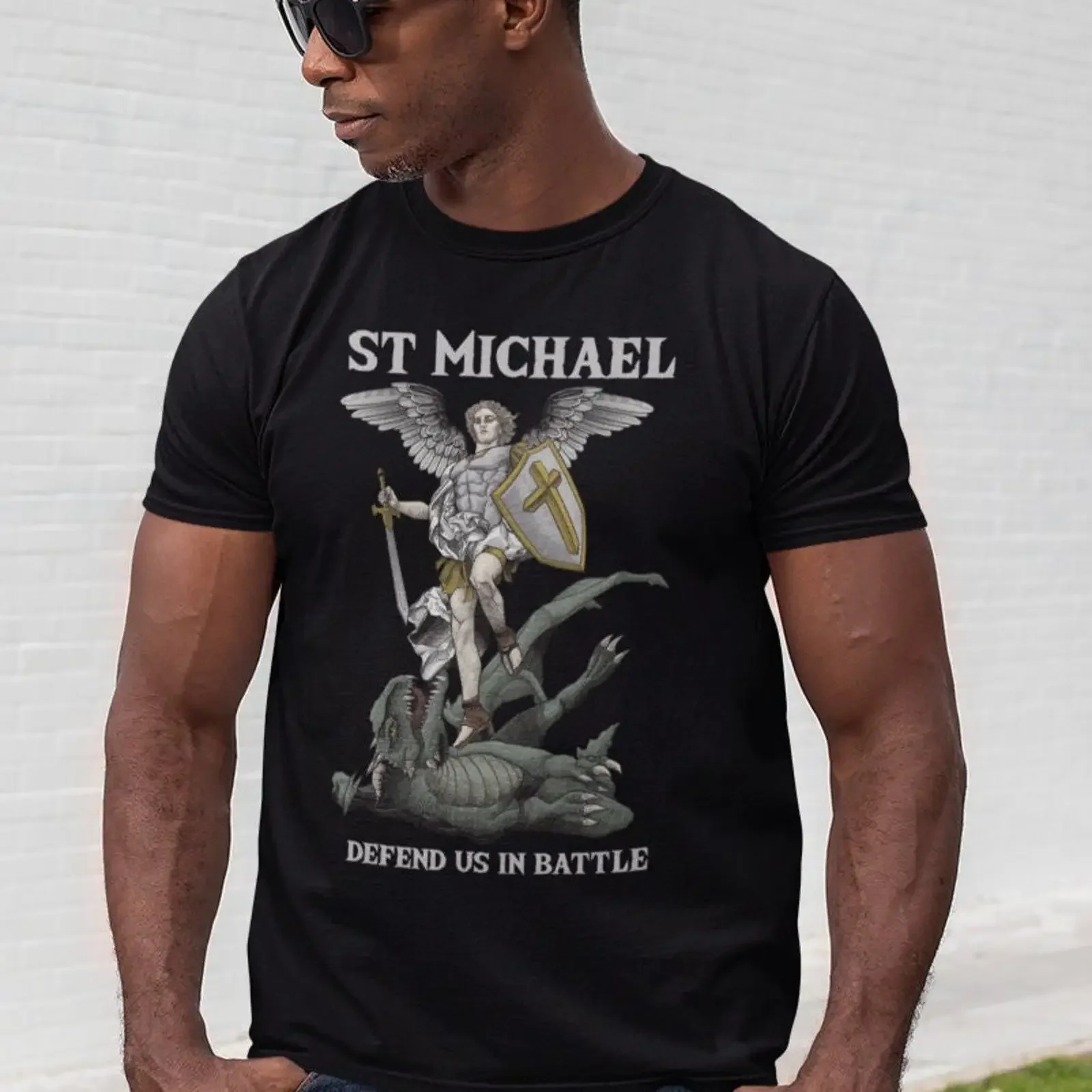 Saint Michael the Archangel defend us in battle  T Shirt vintage Washed Versatile Comfortable Stretched fashion homme