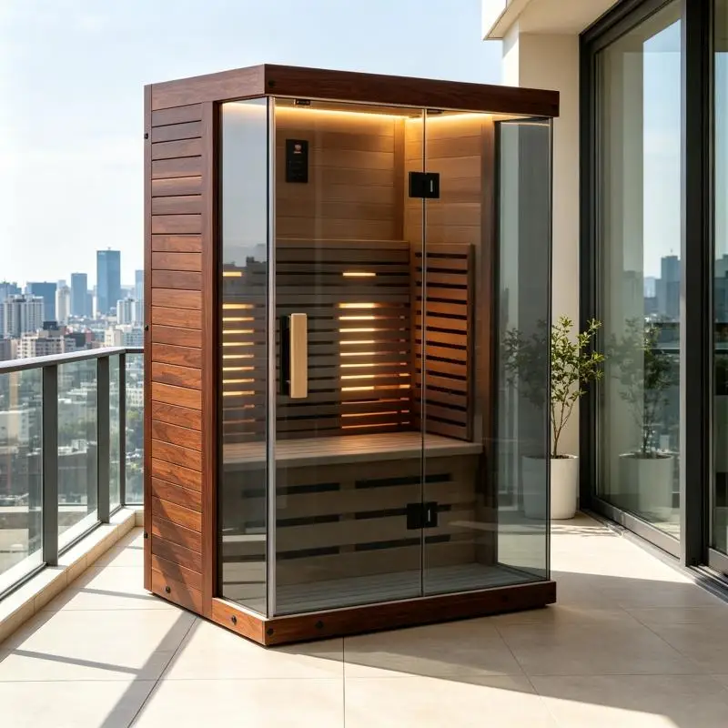 Outdoor Wooden Sauna Room Custom Built Finnish Steam Cabin Garden Hotel Resort Wellness