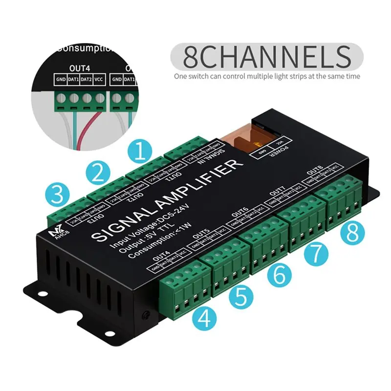 【HAPPY】5X 8CH LED Strip Signal Amplifier,WS2812 5V SPI TTL Signal Output For WS2811 WS2815 WS2813 Pixels LED Light DC5-24V