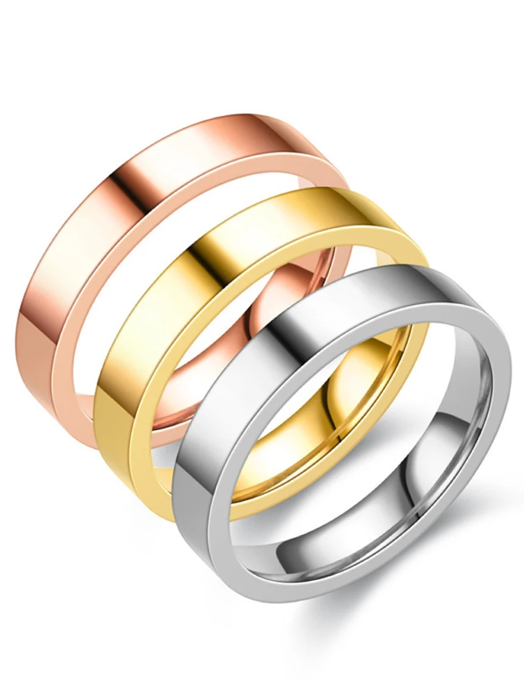Bagues de Couple simples et plates brillantes en acier inoxydable, 4mm de largeur, taille américaine 6/7/8/9/10, plaqué or Rose et argent, bijoux de doigt pour hommes et femmes