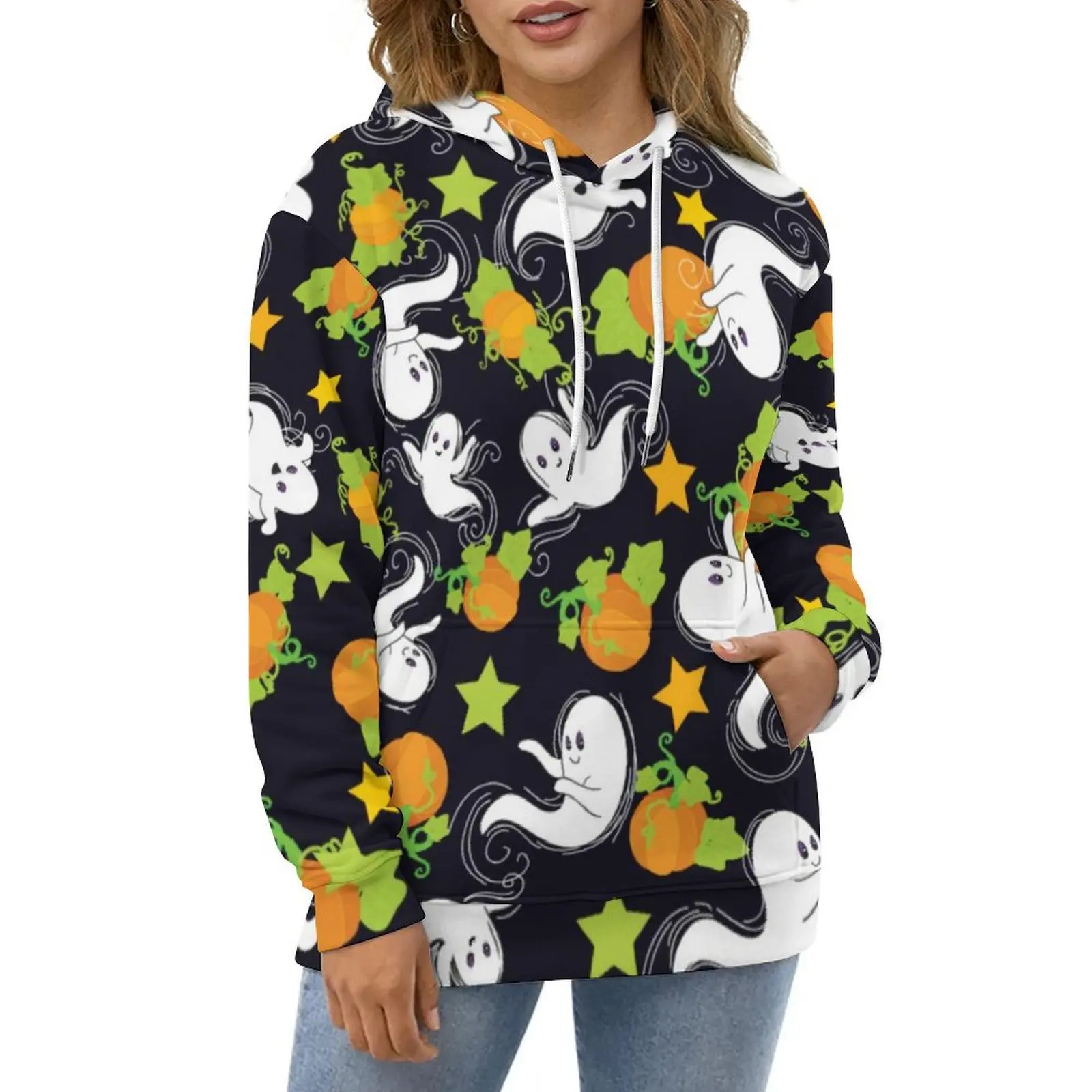 

Cute Ghost Print Casual Hoodies Halloween Pumpkin Pullover Hoodie Female Long Sleeve Classic Loose Oversized Hooded Sweatshirts