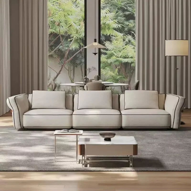 #Camel Sofa Italian Minimalist Modern Living Room Sectional High-End Cotton Linen Fabric Stainless Steel Legs Apartment Warehous