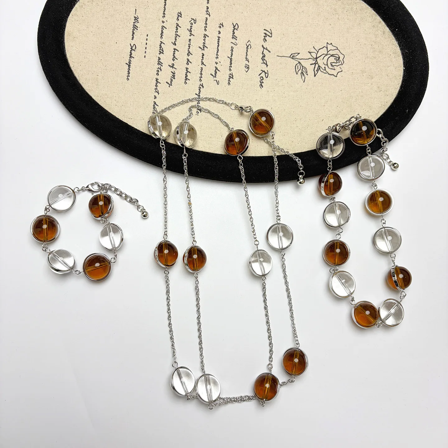 Cool Crystal Glass Bead Necklace for Women Silver Chain Amber Translucent White Color Stackable Necklace Jewelry Gift