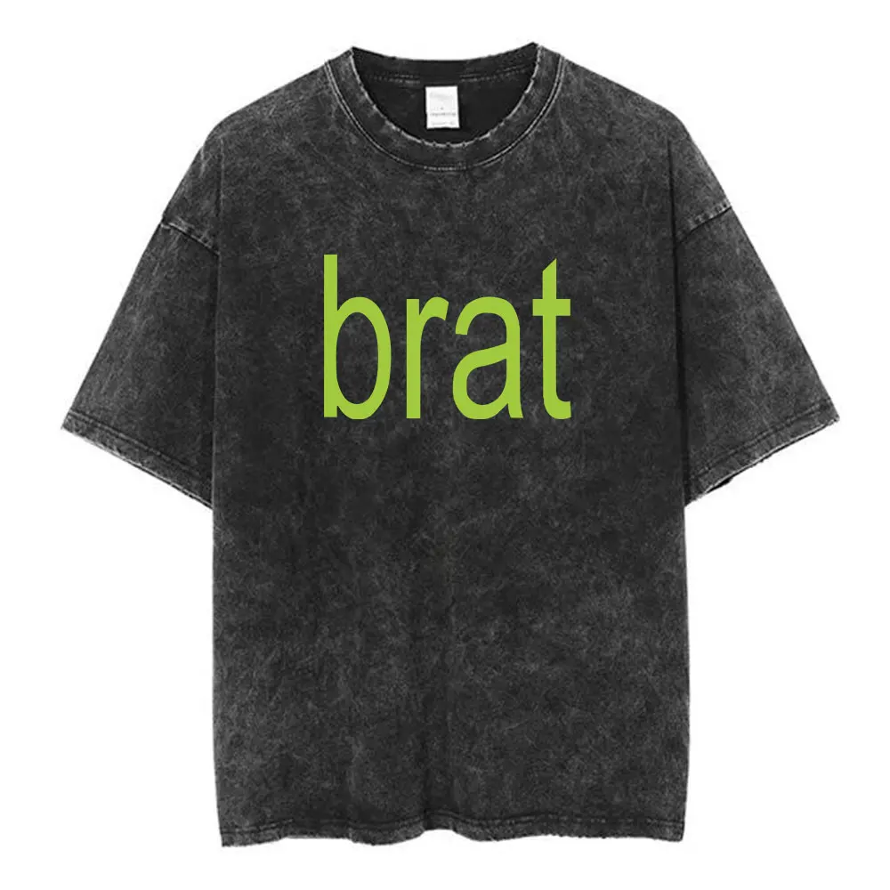 Charli Xcx Brat Tour Vintage Washed T Shirt Men's Women Clothing Fashion Harajuku T-shirt 100% Cotton Casual T-shirts Fans Gift