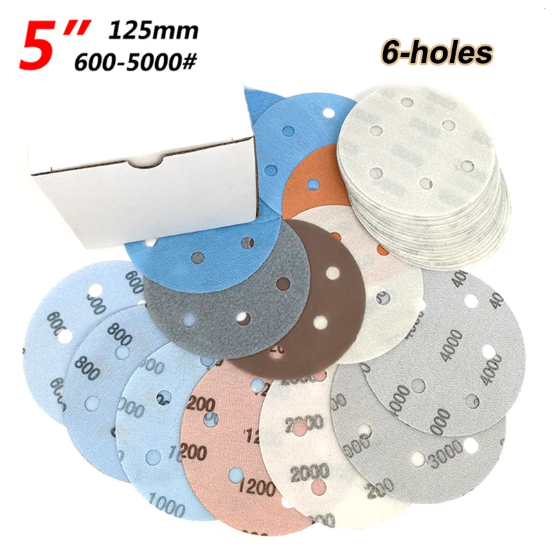 

5" 125mm Sandpaper Disc 6-Holes 1/5/10pcs Grit 600-5000# Dry/Wet Flocked Sanding Disc Hook&Loop Pad For Grinding Polishing Tools