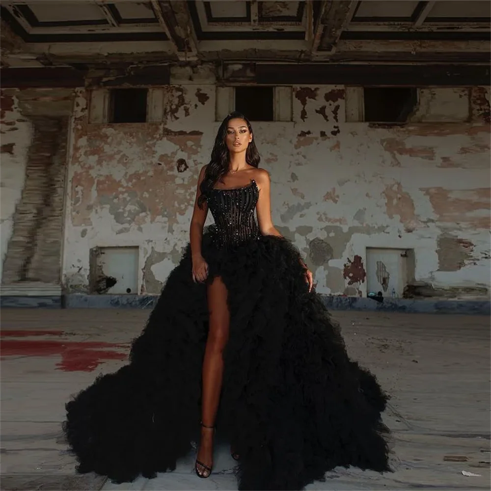 

Luxury Fluffy High Split Tulle Prom Dresses Sleeveless Ruffles Crystals Shiny Women Long Elegant Evening Gowns