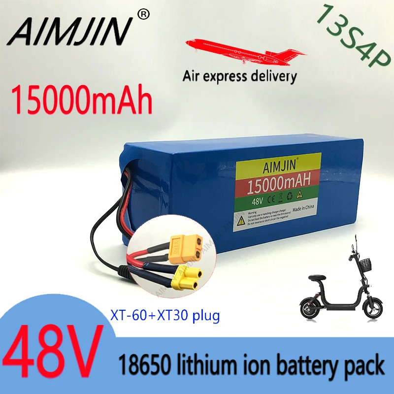 New 48V Li-Ion Battery 48V 15Ah 1000W 13S4P Li-Ion Battery Pack Suitable for 54.6V1000W with BMS Electric bicycle XT60 XT30 Plug