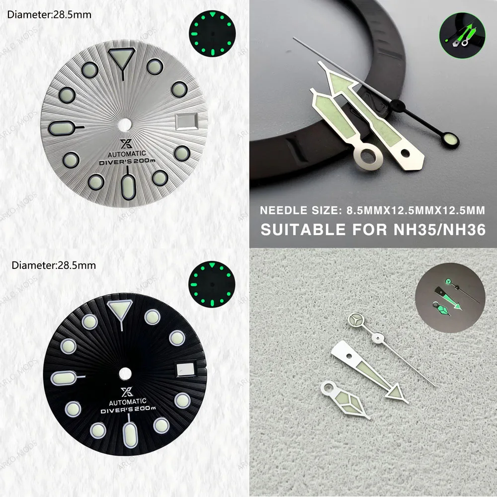 28.5mm nh35 s logo dial ice blue gray radial texture dial for nh35 movement green lumen turtle hands nh35 prospe s dial watchmod