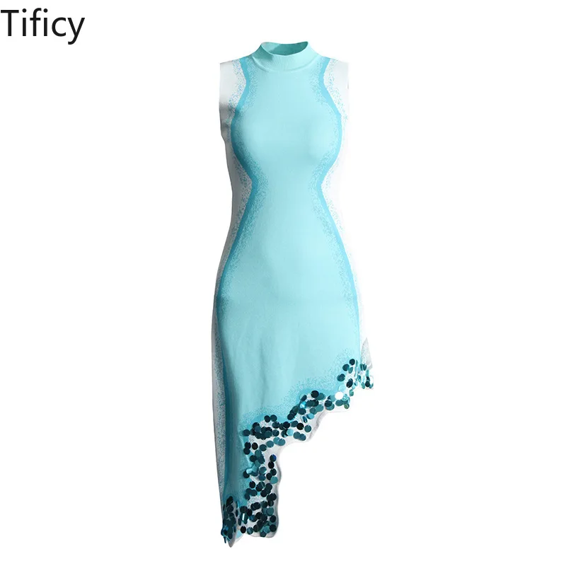 

TIFICY Women's New High-end Wave Edge Irregular Mid Length Skirt Design with Sequin Patchwork Gradient Sleeveless Dress