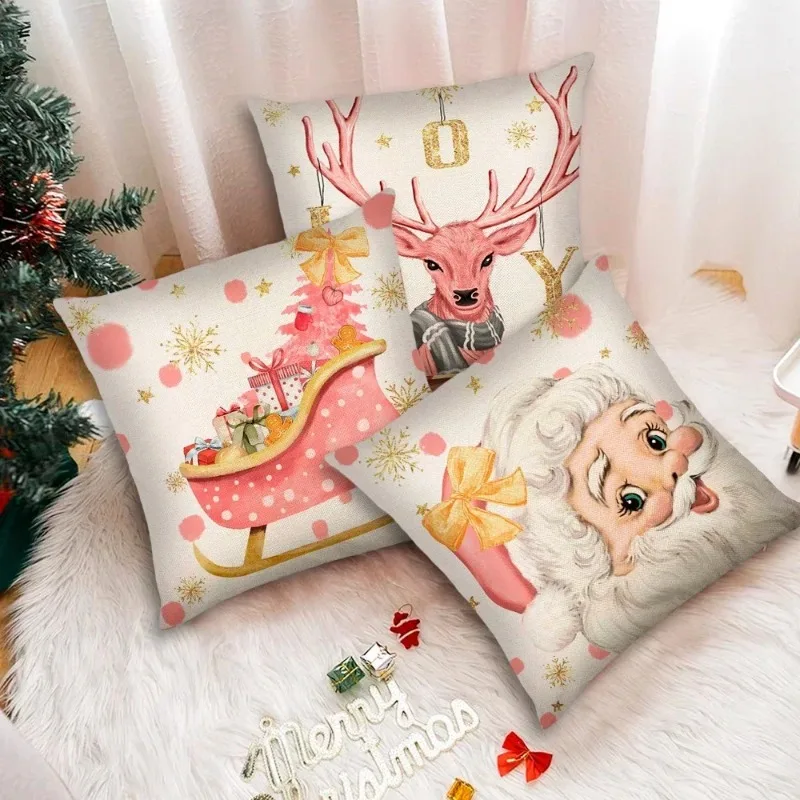 Christmas Santa Claus Snowman Reindeer Throw Pillow Covers Linen Pillowcase Cushion Case Decoration for Sofa Couch