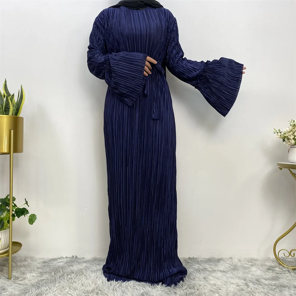 Muslim Abaya fashion new women\'s press crepe loose dress robe Turkey Saudi Arabia trumpet sleeve round neck long dress Islamic w