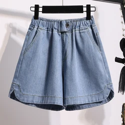 Shorts jeans feminino verão senhora cintura alta streetwear 100% algodão todos os jogos solto moda perna larga calças curtas commuter wear