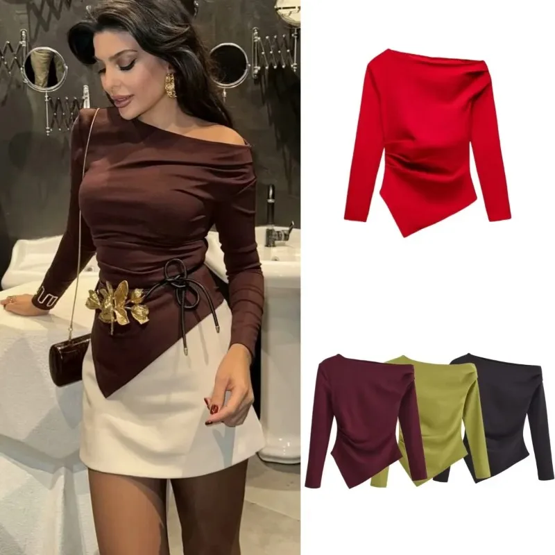 

New Product Women's Clothing European and American Style Fashion Asymmetrical Design Pleated Elastic Long-Sleeve Top