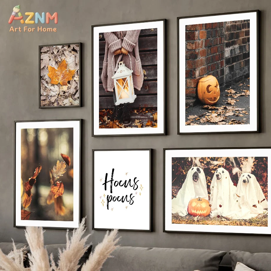 AZNM Fall Autumn Halloween Canvas Wall Art Maple Leaf Pumpkin Ghost Dog Hocus Pocus Print Painting for Living Room Home Decorati