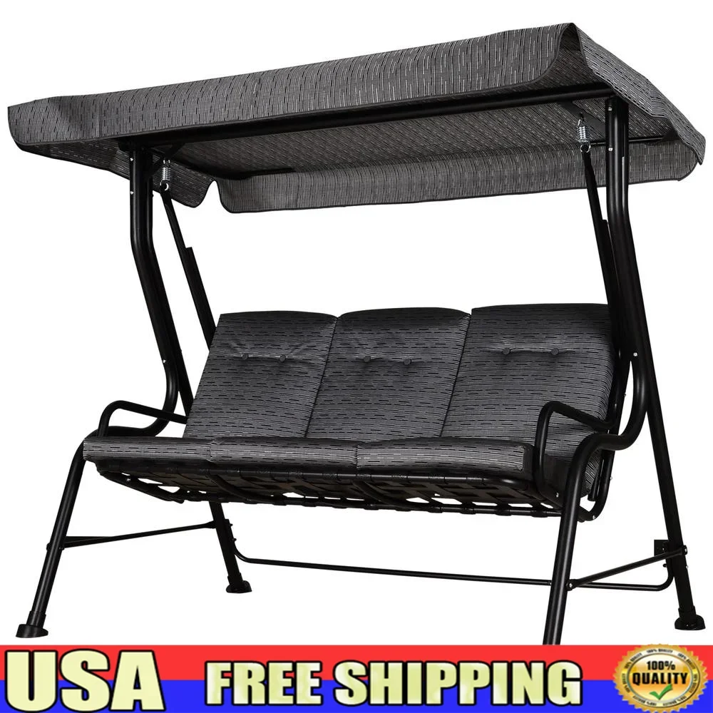 3-Seat Patio Swing Glider Outdoor Canopy Chair Weather Resistant Steel Frame Adjustable Shade Comfortable Cushions Garden