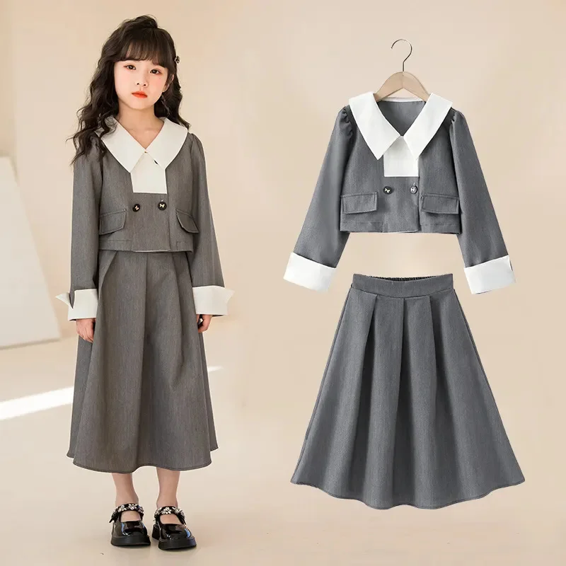 2023 Spring Autumn New Girls Solid Cardigan Suit Coat + Long Skirt 2 Pieces Set Casual Kids Clothes Age 6 To 15 Years Old