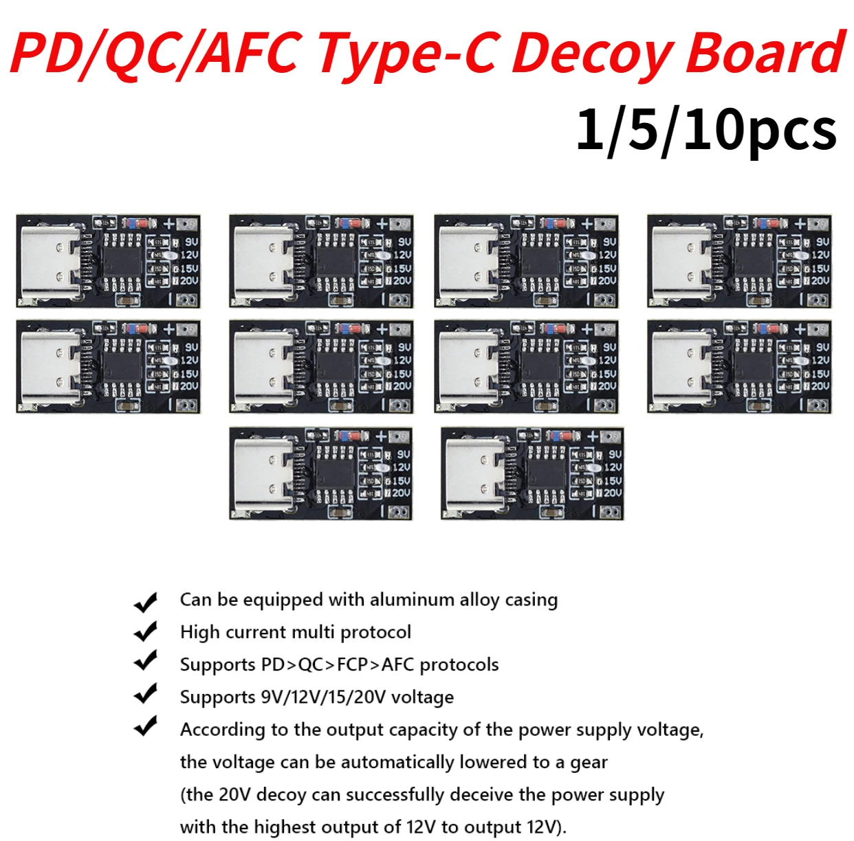 TYPE-C 디코이 보드 USB 부스트 모듈, PD/QC/AFC, PD3.0, 2.0 PPS/QC4 + FCP AFC 트리거, 폴링 검출기, 전원 고속 충전, 1 개, 5 개, 10 개