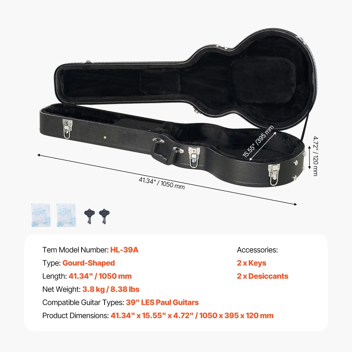 Electric Guitar Hard Case, 41.34 in Gourd-Shaped Guitar Hard Case, With Lock Latch Keys Handle, PVC Padding Soft Lining Water-Resistant Hard Shell Guitar Case, for 39 in LES Paul Guitars, Black