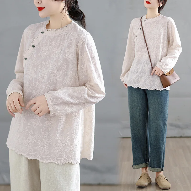 

Women Shirts Embroidered Blouses Button Ruffle Hem Long Sleeves Round Neck Slight Strech Loose Fit Streetwear Casual 2026 Spring