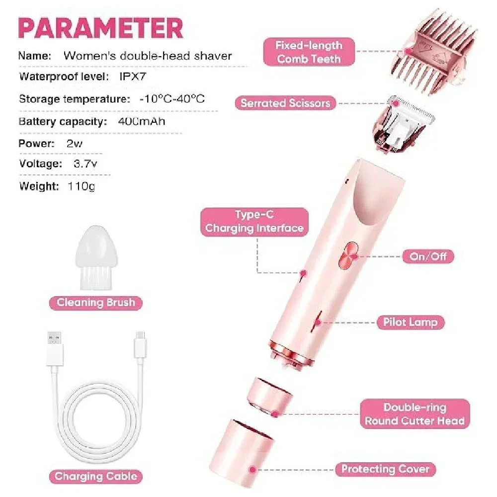 Damen-Doppelkopf-Elektrorasierer, Dual-Funktionsrasierer für Frauen, Körper-Epilierer, Bein-, Achsel- und Bikini-Haarentferner, Elektrischer Trimmer – Detail 6