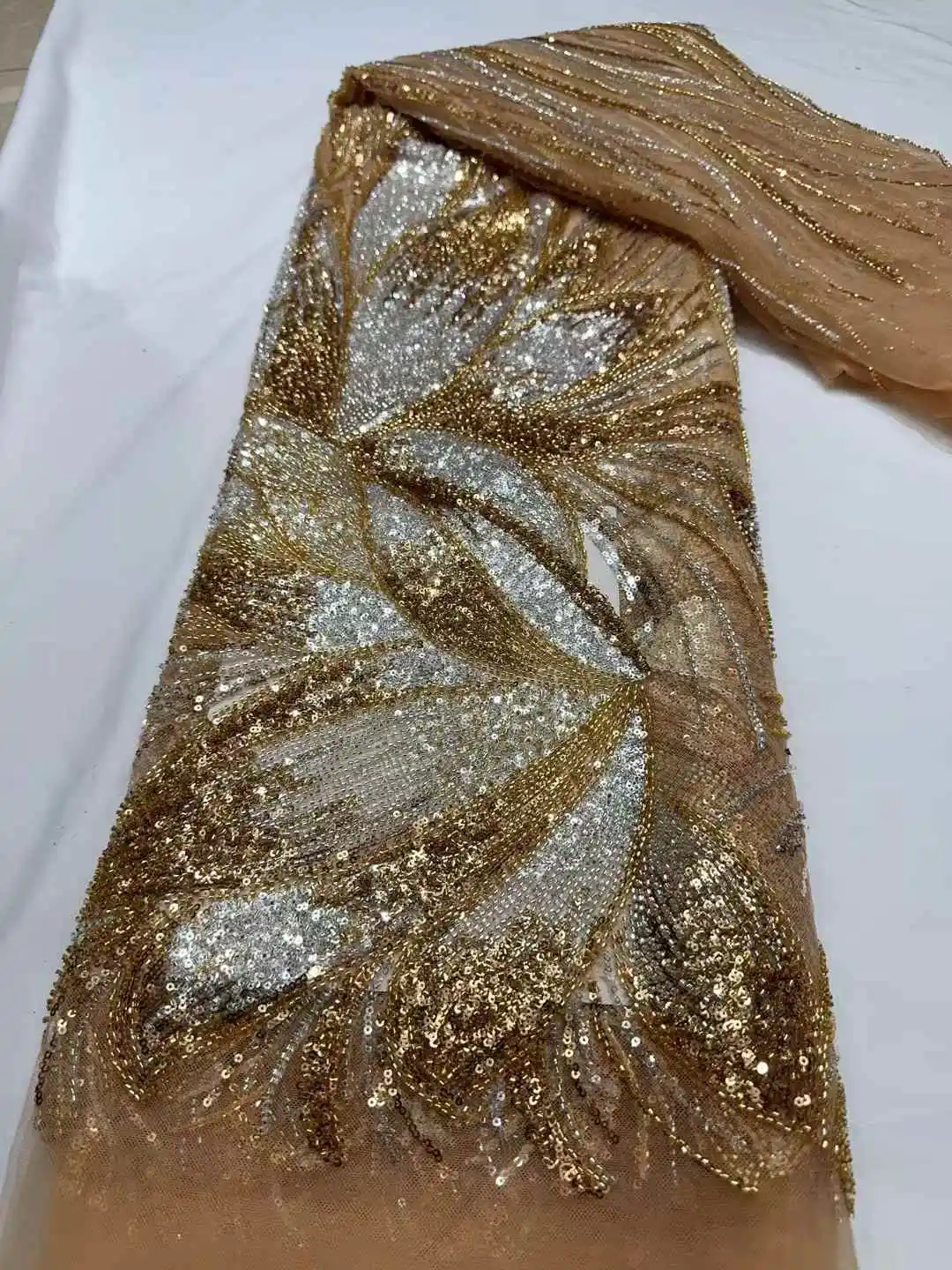 

African Net 5 Yards Beads Embroidery Lace Fabrics 2025 High Quality French Mesh Sequins Lace For Women Dresses Sew