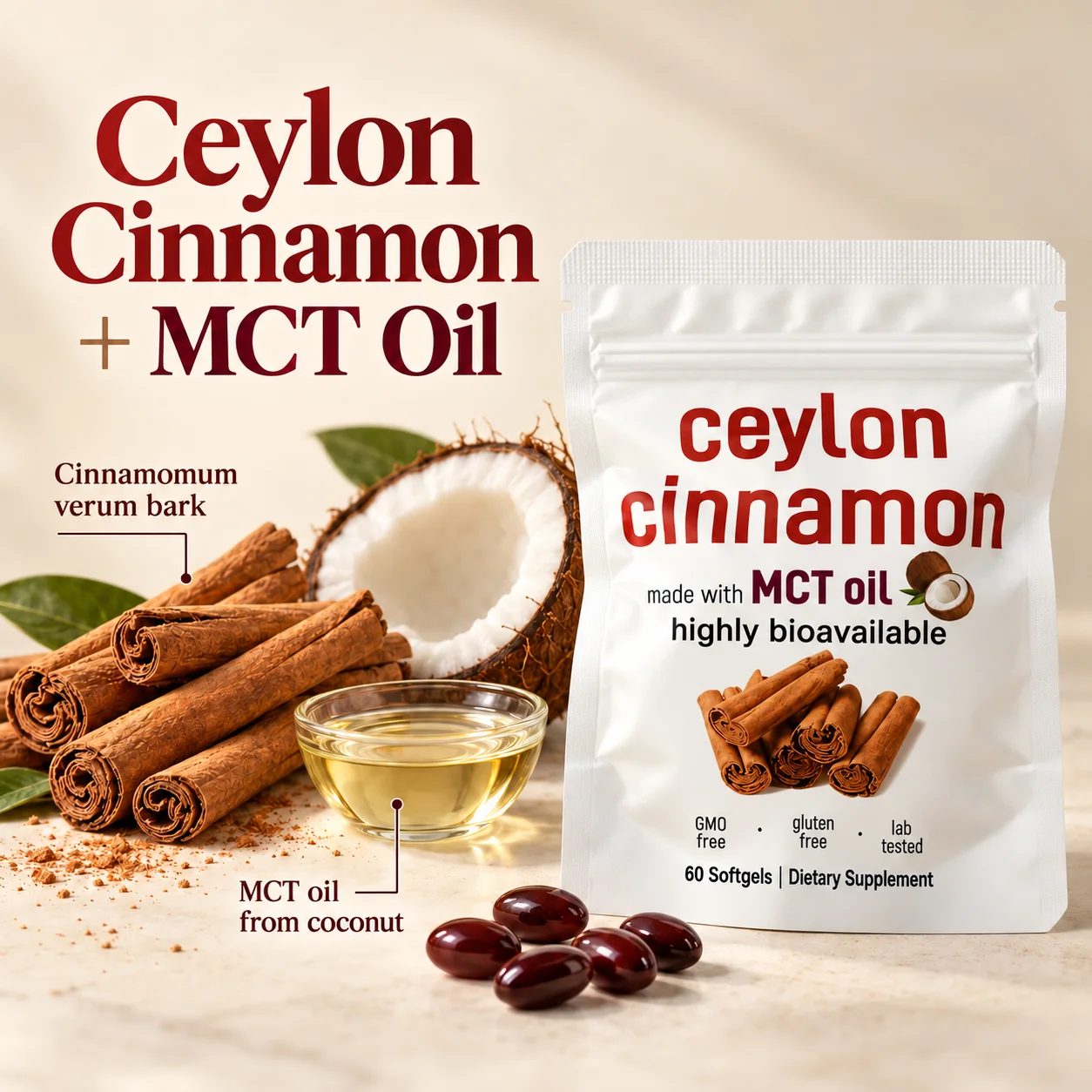 Ceylon Cinnamon Softgels and MCT Oil Antioxidant Support Daily Wellness Supplement 60 Capsules 12:1 Extract Gluten Free Soy Free